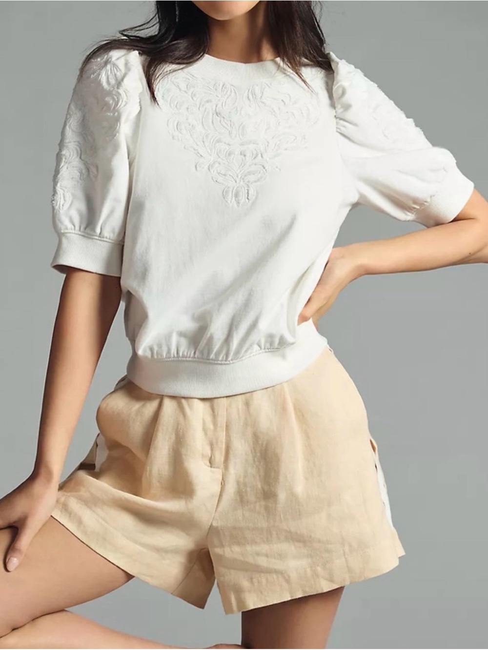 Anthropologie 100% cotton  White Embroidered puff sleeve Women's Top size Small